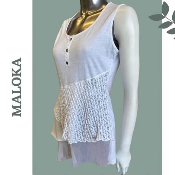 🛍️3/$40 Maloka White Sleeveless Tunic Knit Top Mixed Fabric Size 2 - Picture 2 of 6